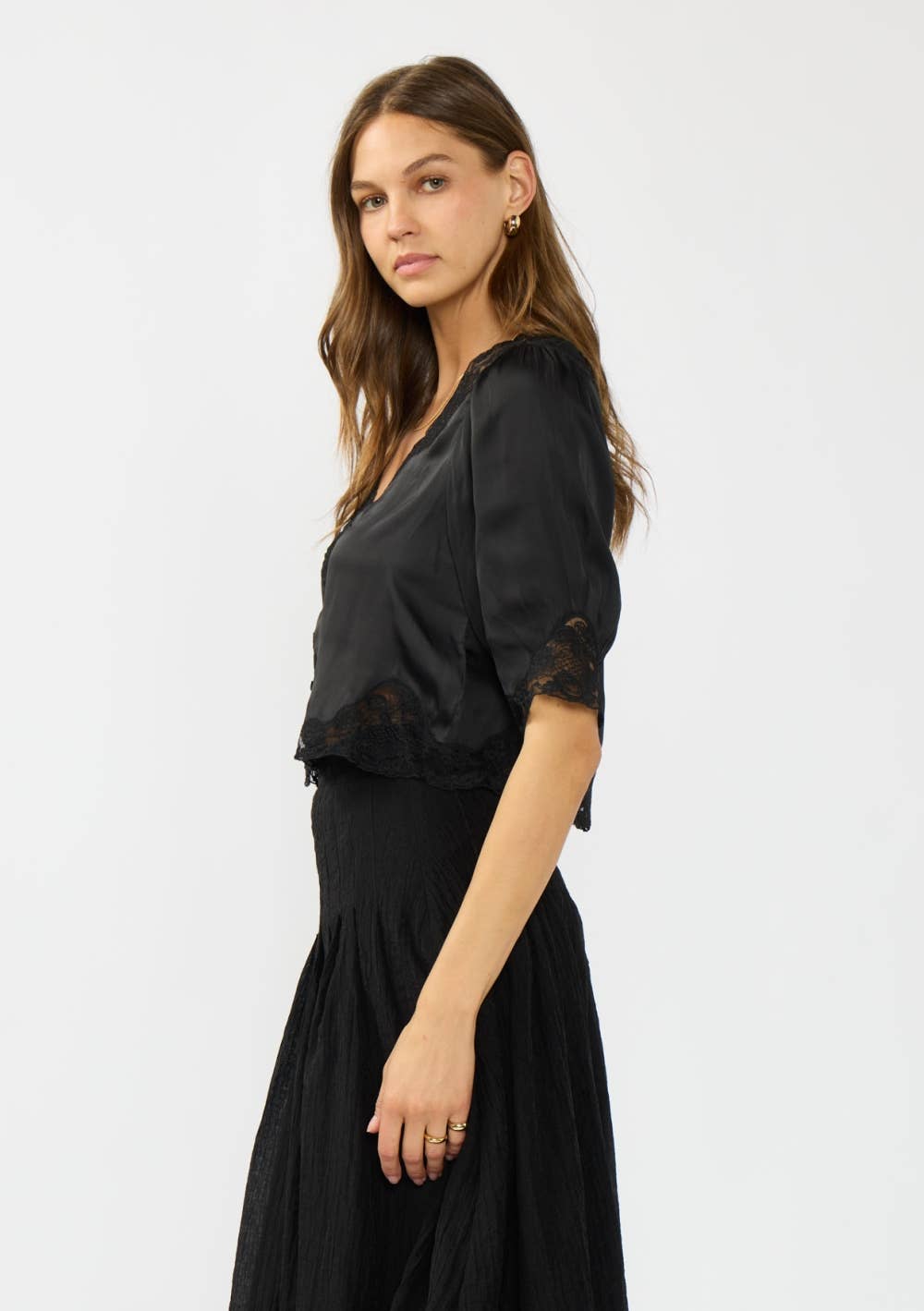 V-Neck Button Front Blouse with Lace Trim