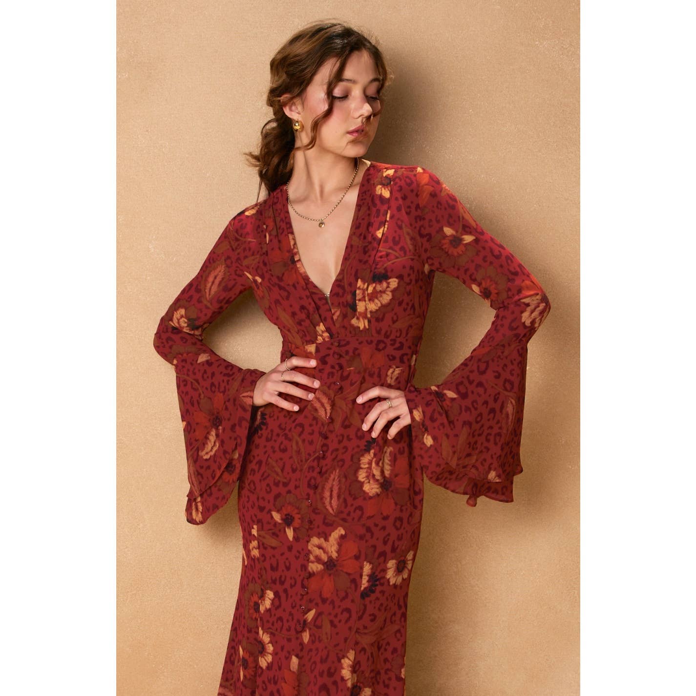 Harvest Mirage Ruffled Bell Sleeve Maxi Dress