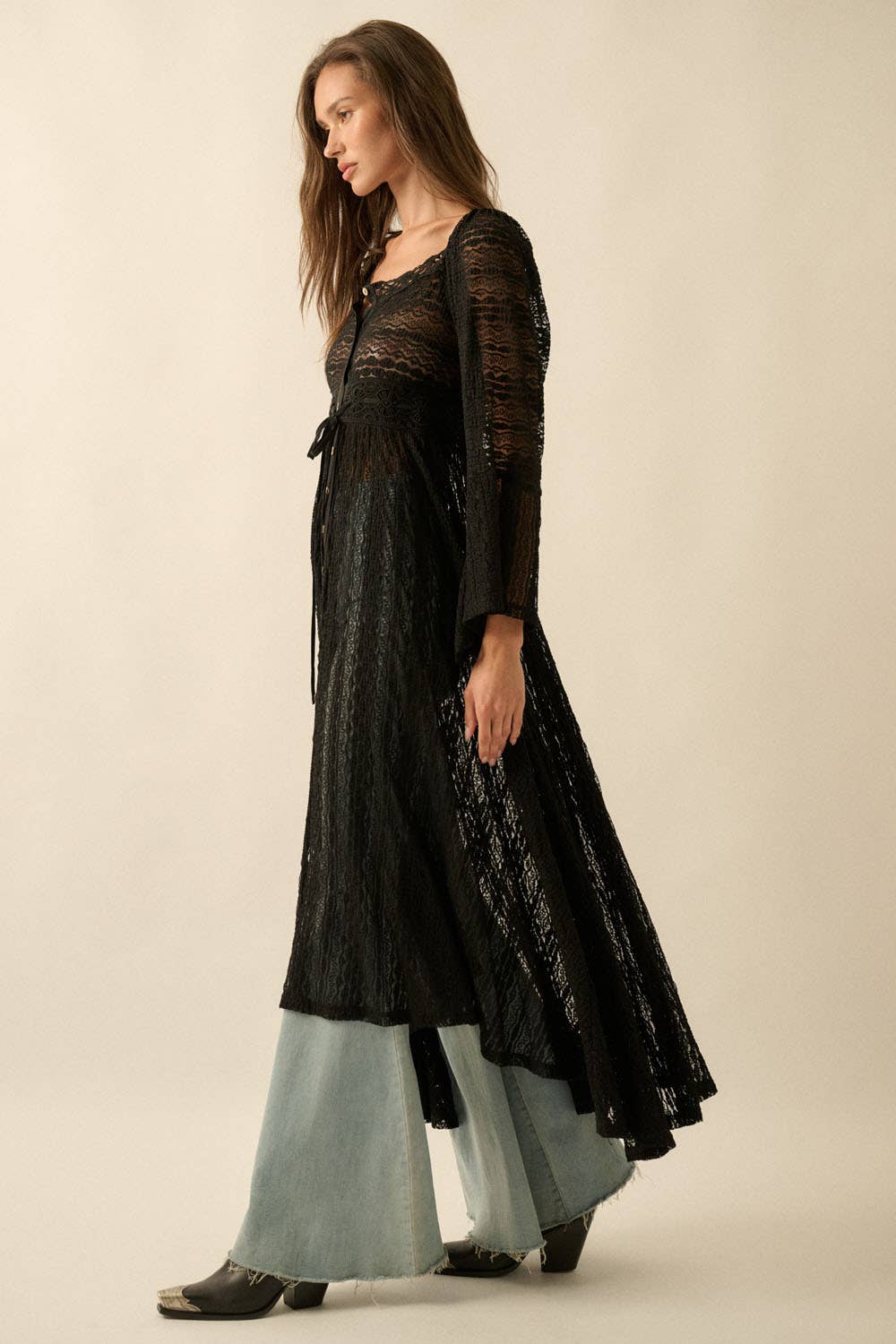 Sheer Striped Lace Button- Up Layering Midi Dress