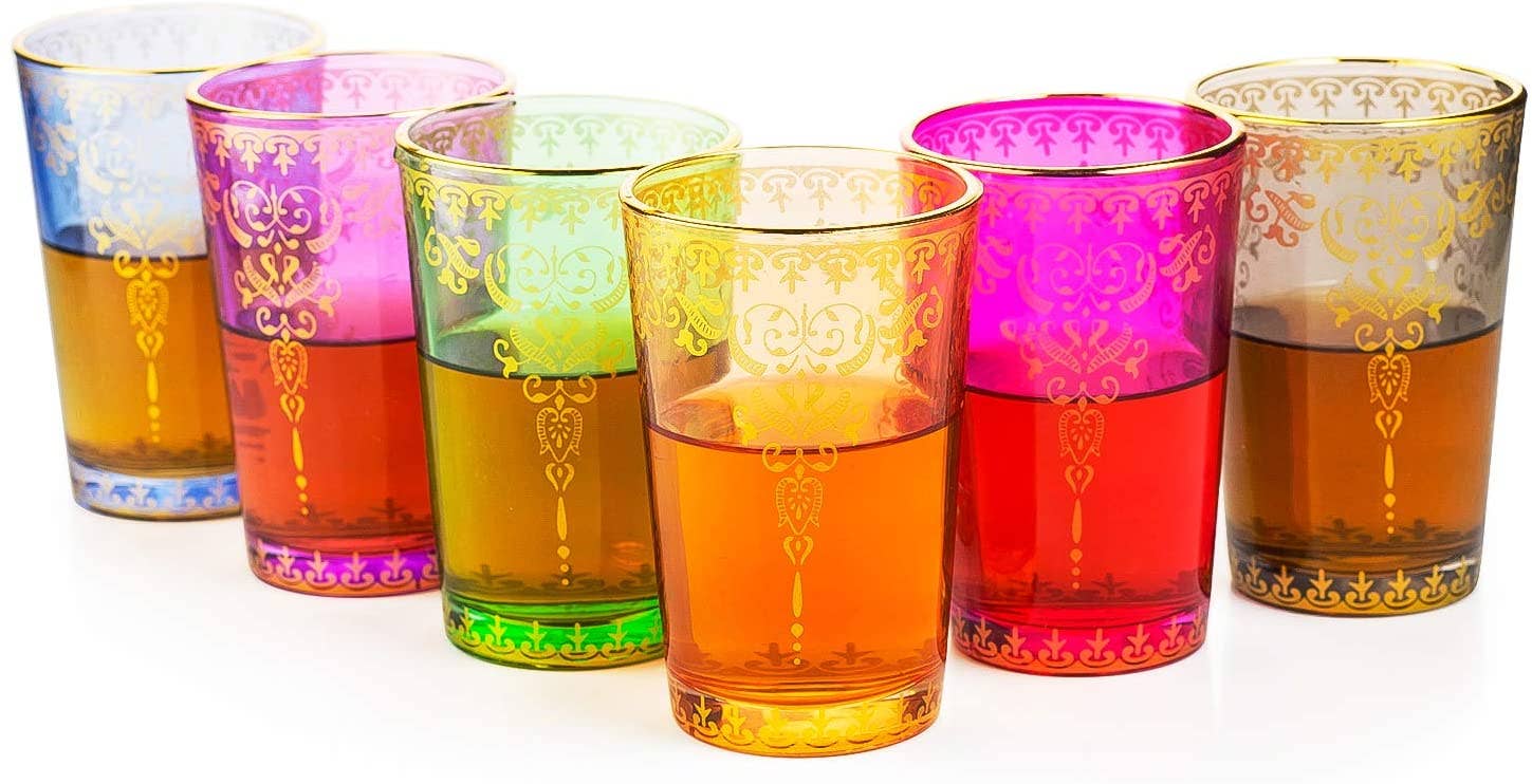 Moroccan Colored Tea/Coffee Glasses Multipurpose - 6 Set showing colorful glassware with intricate gold designs filled with tea
