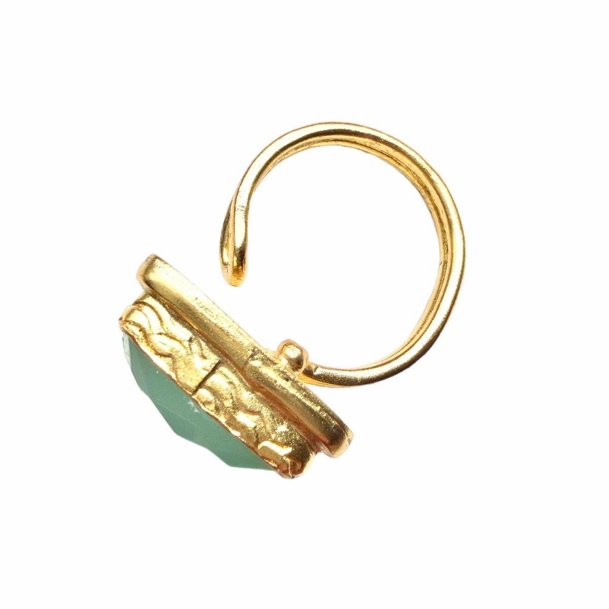 Aqua Chalcedony Semi-Circle Ring with gold toned setting and aqua stone