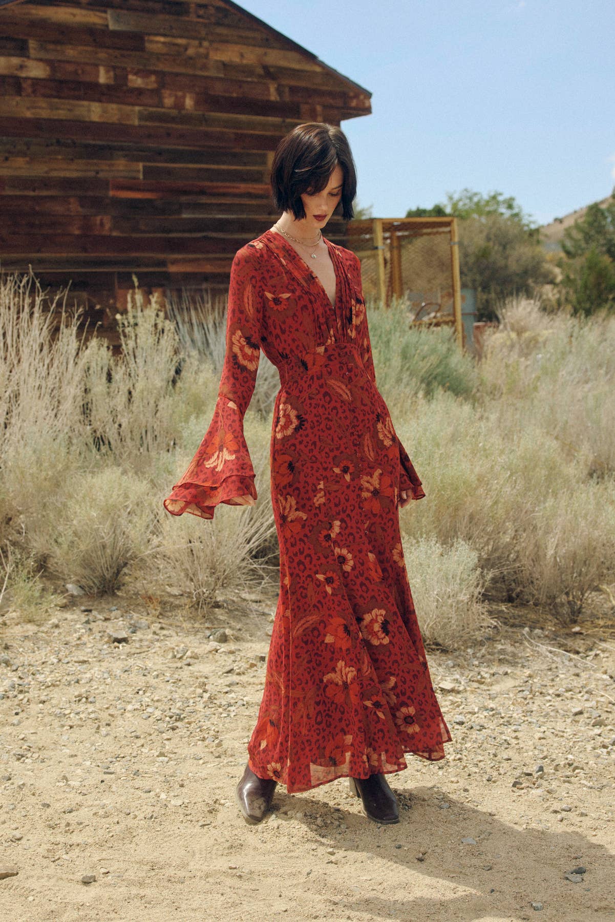 Harvest Mirage Ruffled Bell Sleeve Maxi Dress