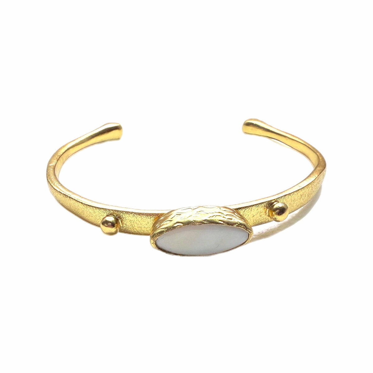Zeynab Mother of Pearl Cuff Bracelet with gold tone finish and oval pearl accent