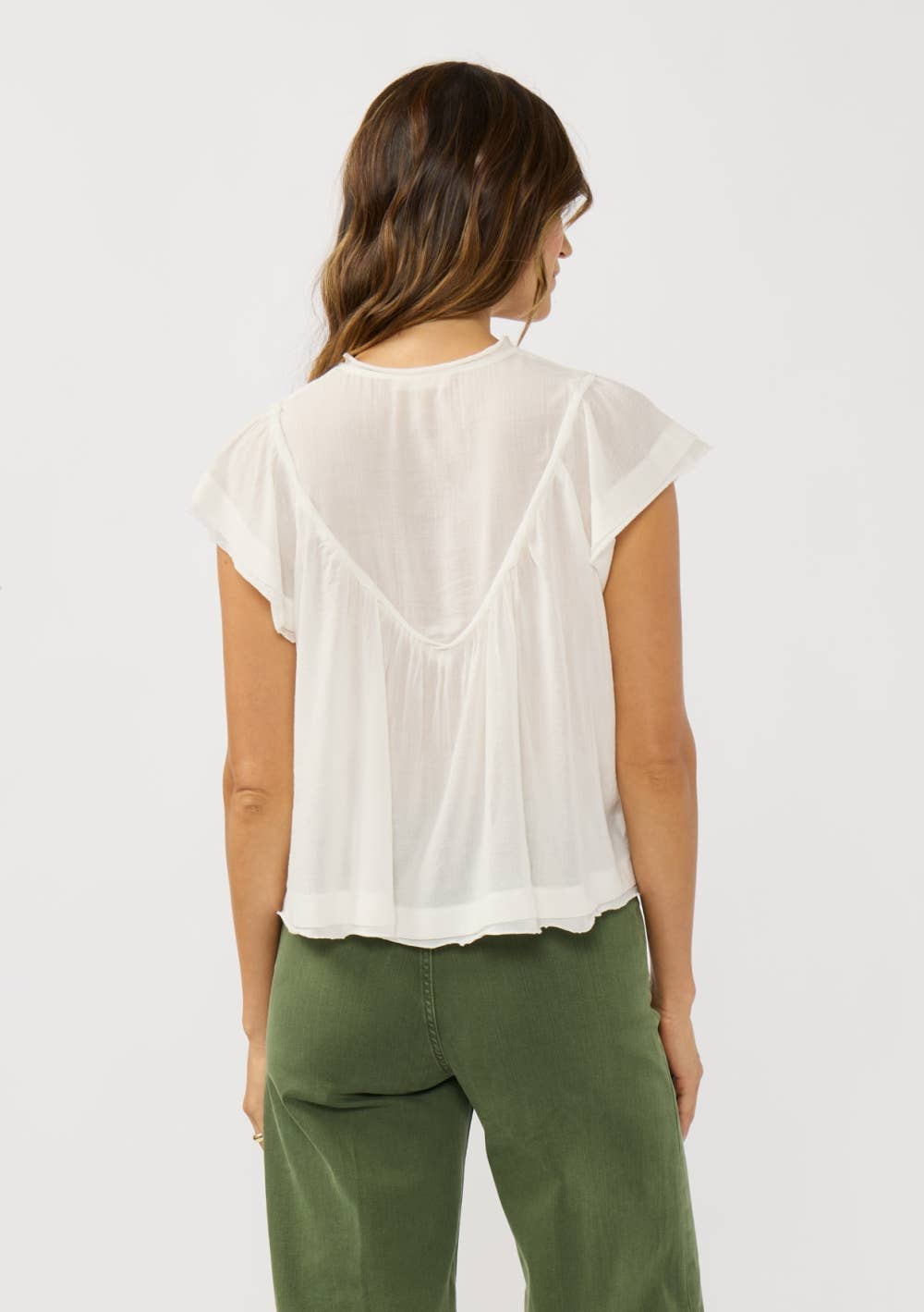 V-Neck Flutter Sleeve Smocked Yoke Top