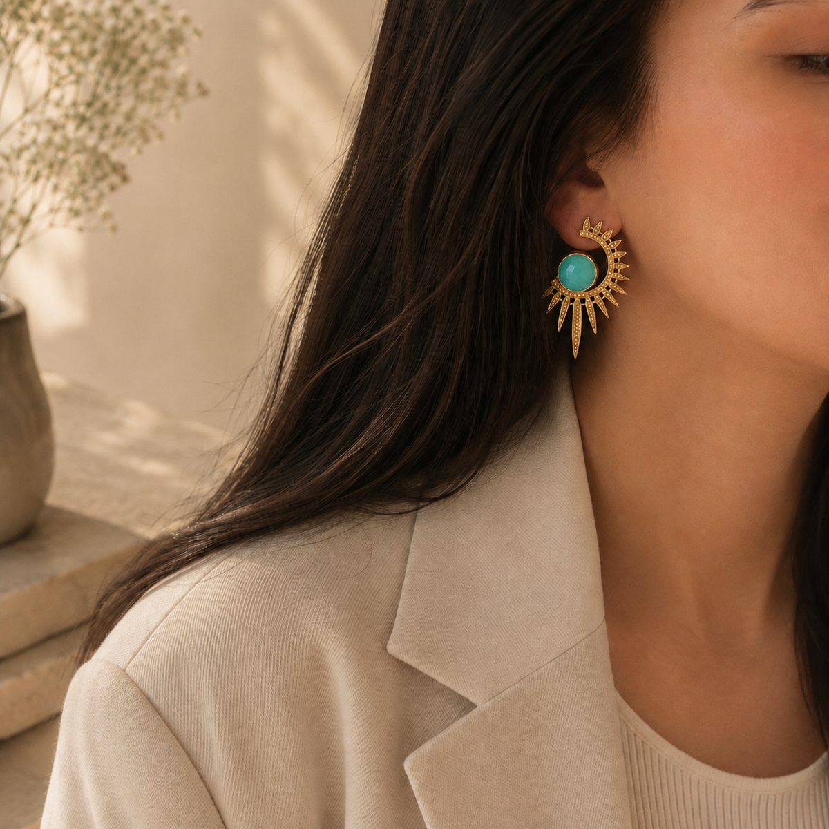 Sabira Aqua Chalcedony Crescent Sunburst Earrings with aqua stone and gold sunburst detailing