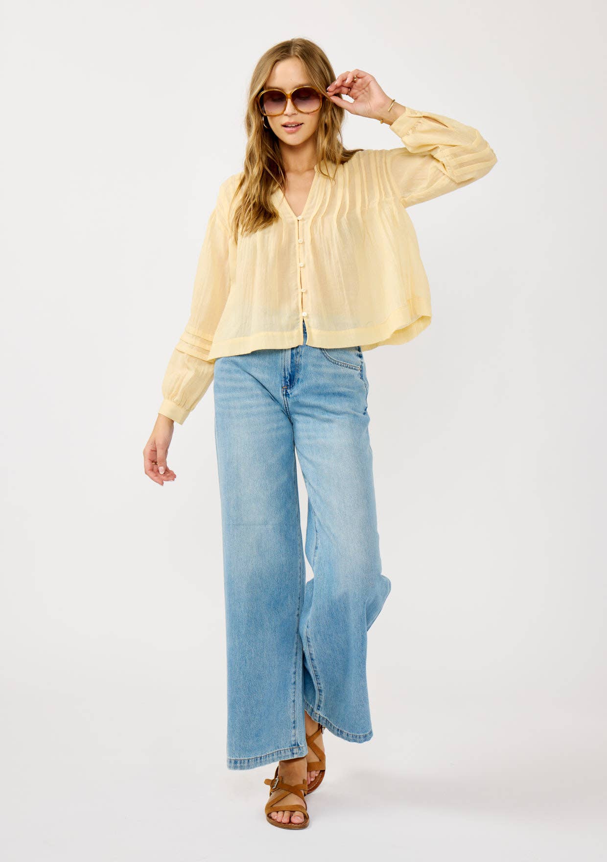 Pintuck Pleated Button-Down Blouse: White / S