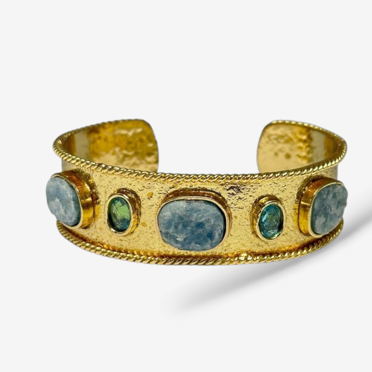 Smoky Quartz Gem Cuff featuring textured gold-tone metal with blue and green gemstone accents in an open cuff design
