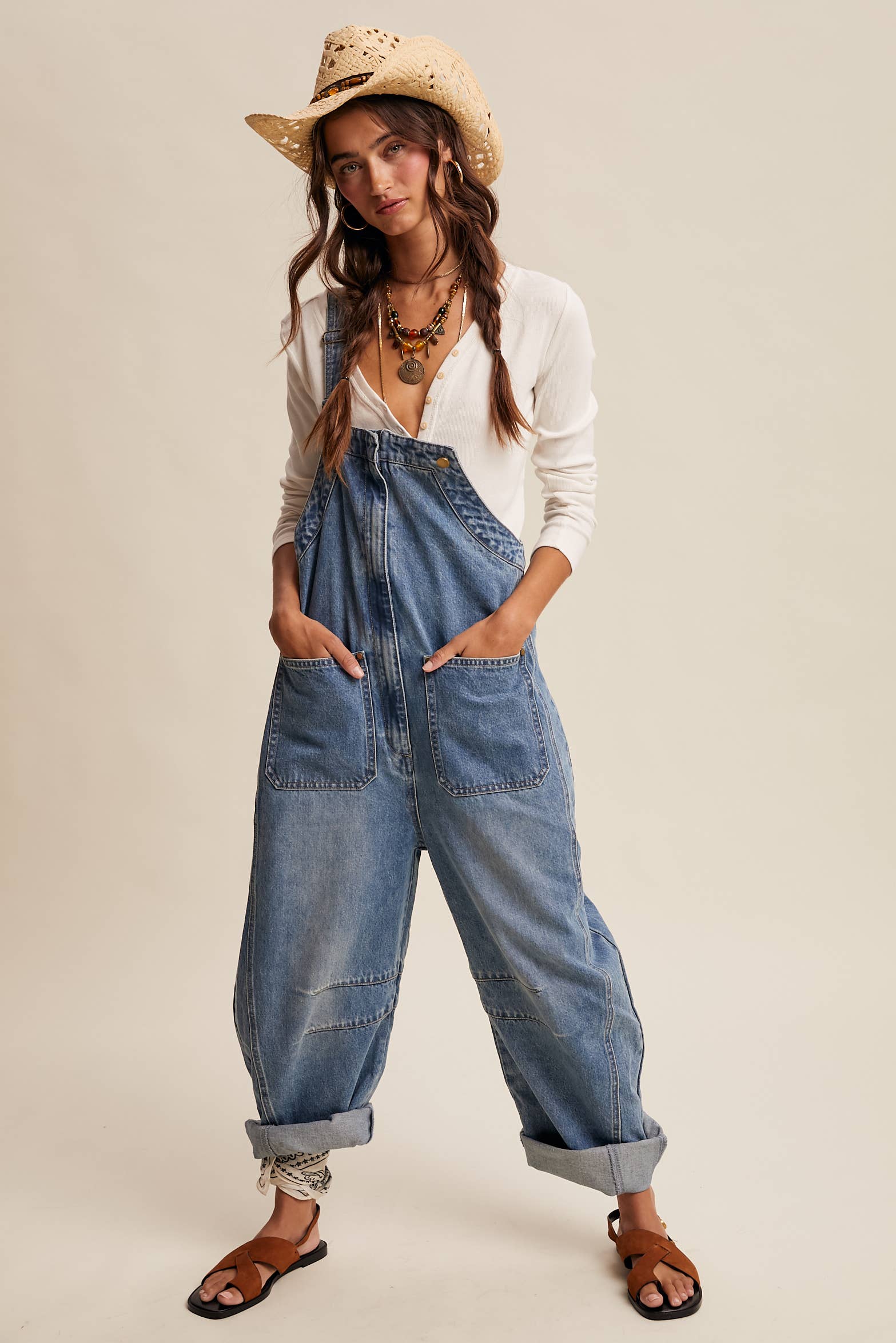 Western Wide-Leg Barrel Denim Overalls