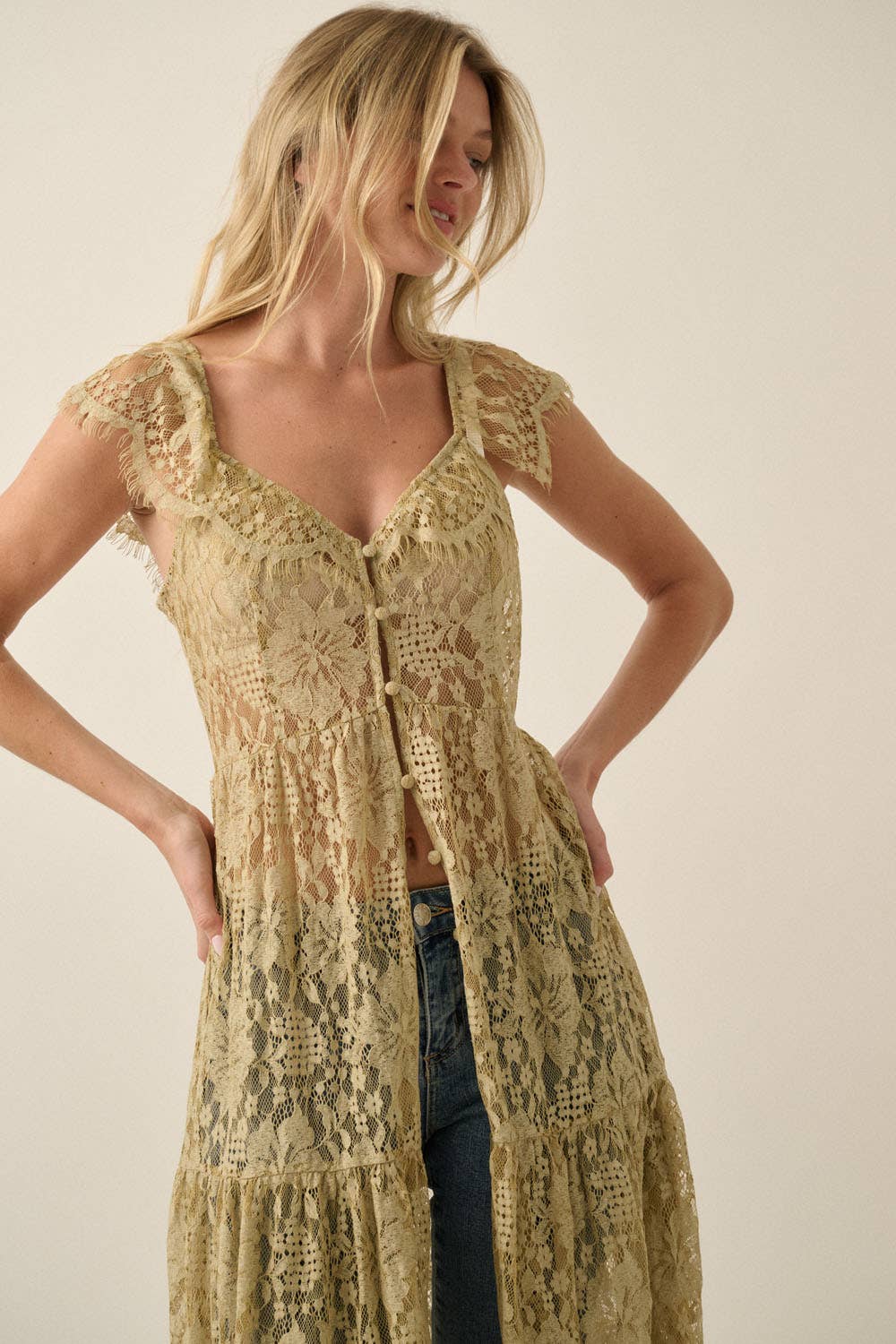 Sheer Floral Lace Button-Front Tiered-Ruffle Maxi Top