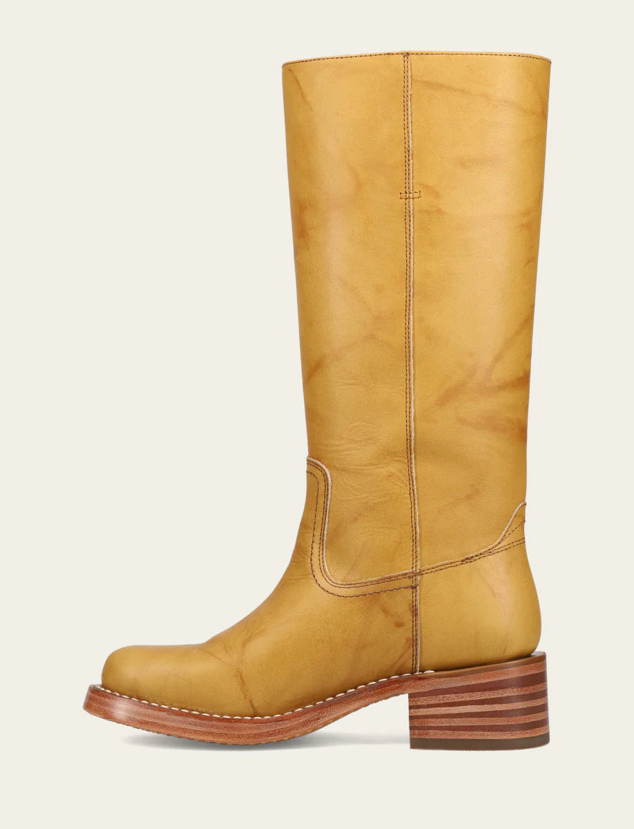 Frye CAMPUS 14L Leather Boot in Banana with smooth leather, mid-calf height, and stacked wooden heel for everyday style