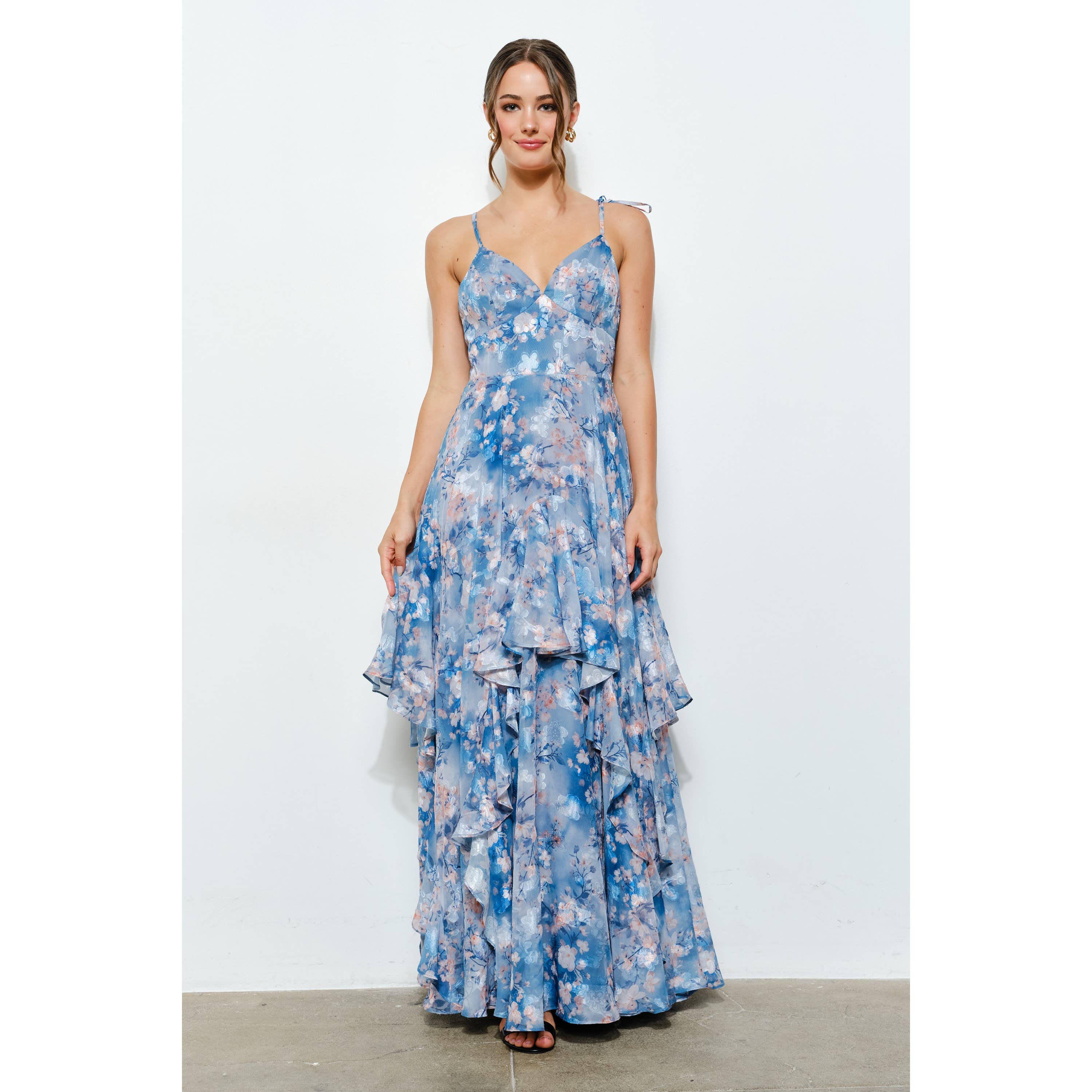 Romantic Floral Sweetheart Ruffled Maxi Dress in soft blue floral print with flowing layered ruffles and adjustable straps
