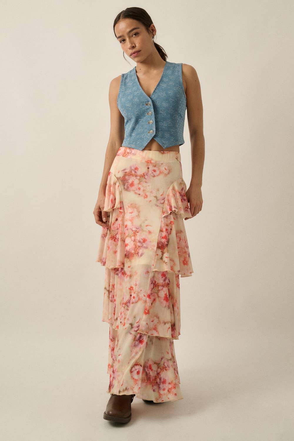 Floral-Print Chiffon Tiered Side-Ruffle Maxi Skirt