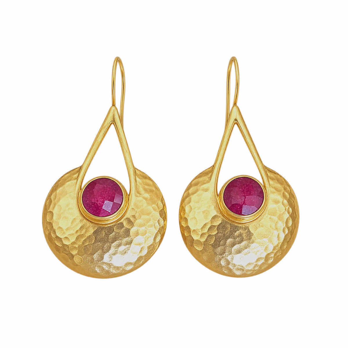 Elif Gold Disc Ruby Dangle Earrings with hammered gold discs and red ruby stones