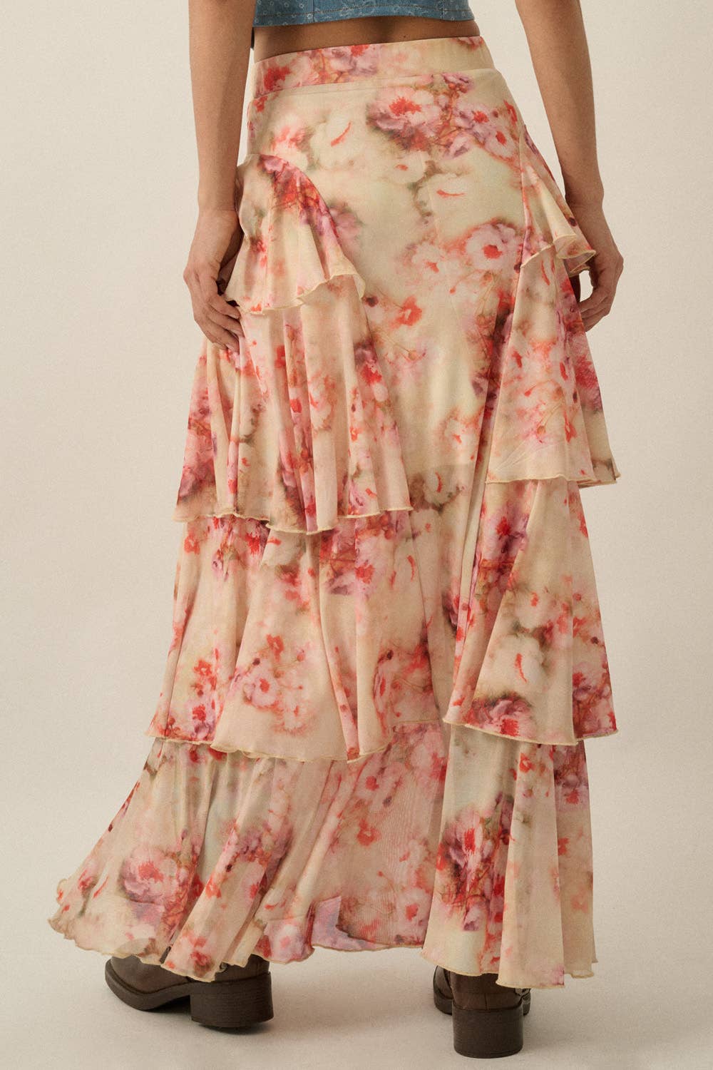 Floral-Print Chiffon Tiered Side-Ruffle Maxi Skirt