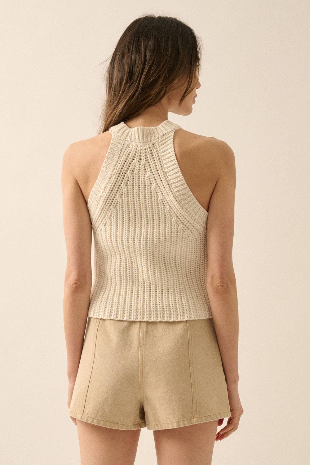 Solid Rib-Knit Halter Racerback Sweater Tank Top