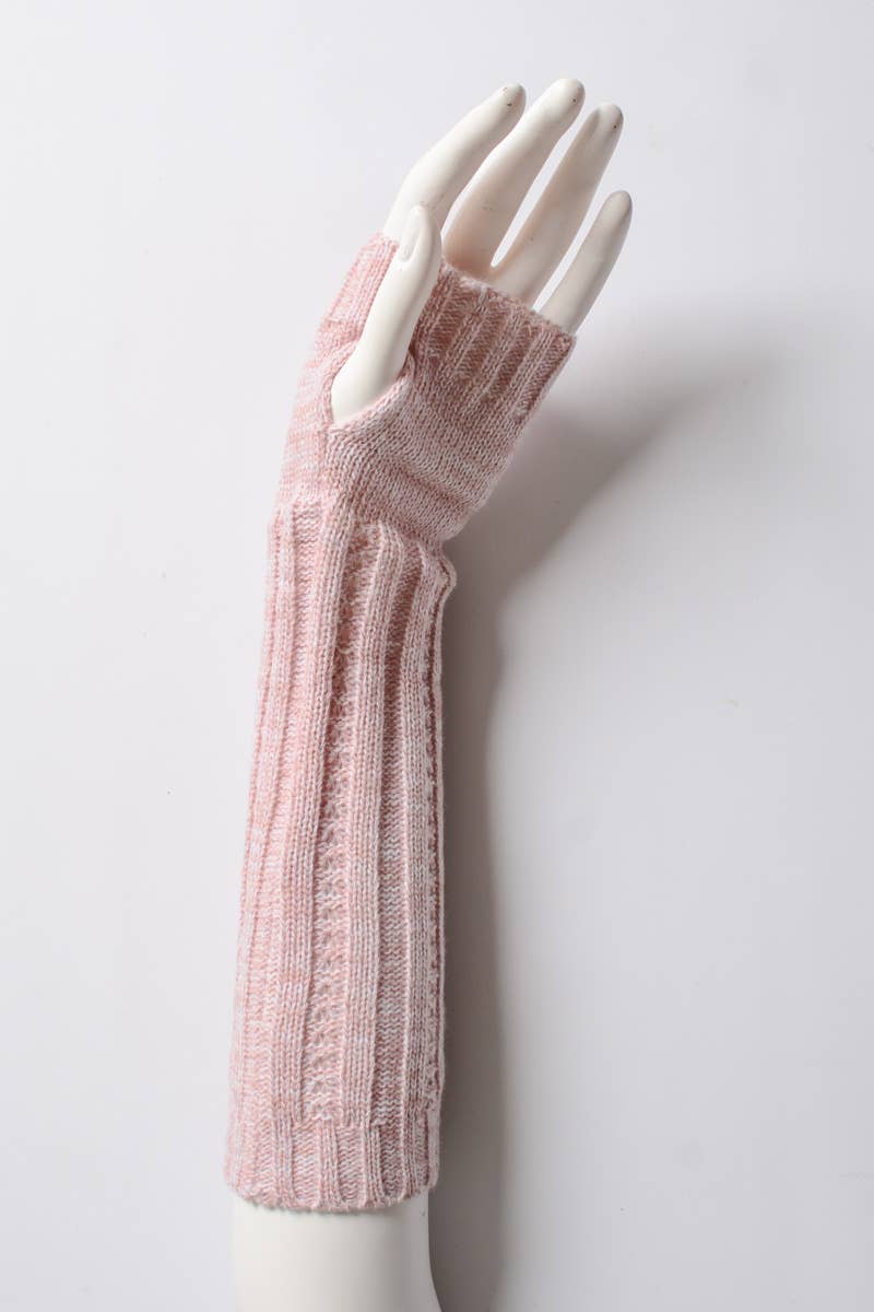 A mannequin hand displays Leto Accessories Ribbed Arm Warmers in light pink, featuring a long, ribbed knit design that extends from wrist to forearm—an elegant fingerless glove set against a plain white background.