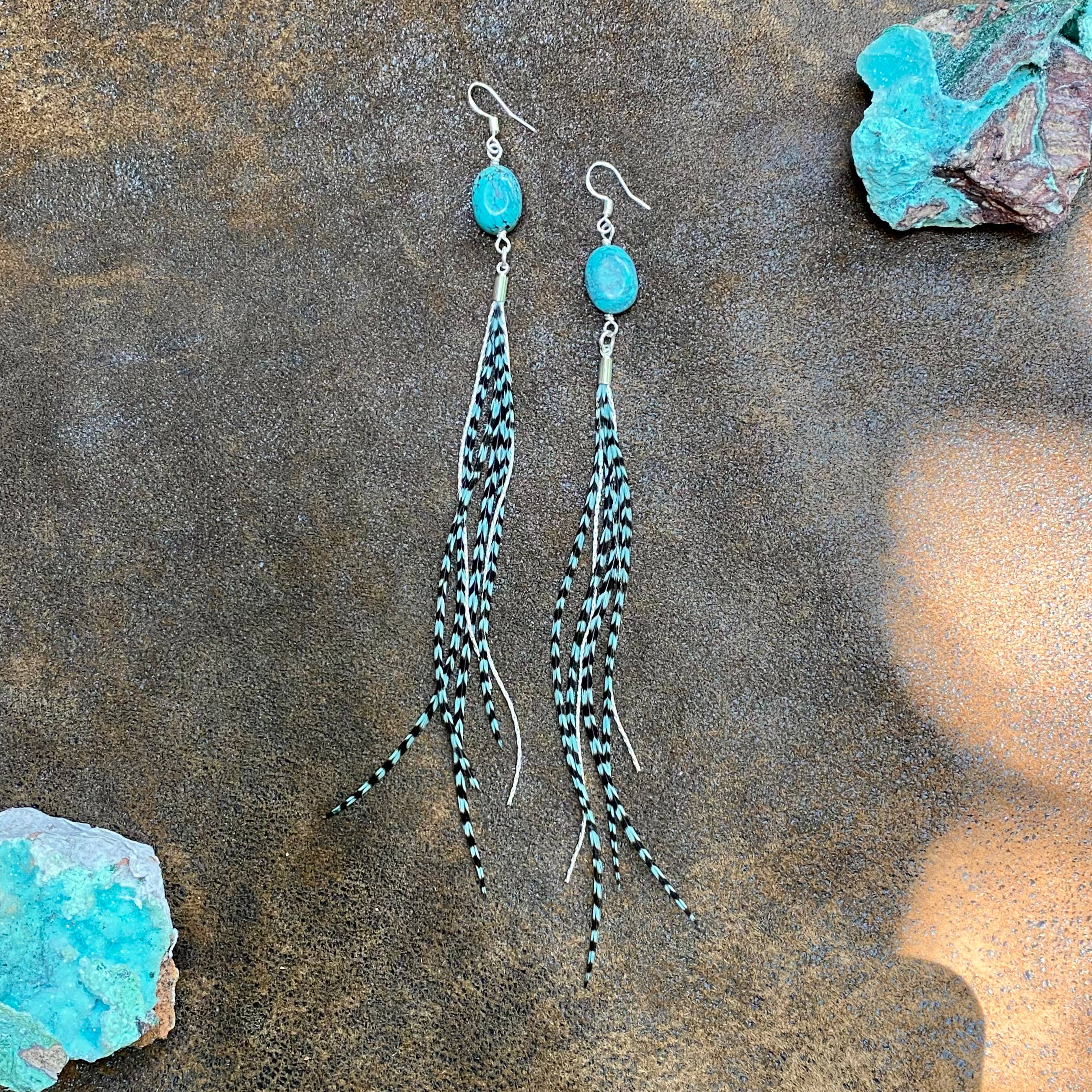 Turquoise & Mini Feather Earrings - Teal Grizzly/Silver