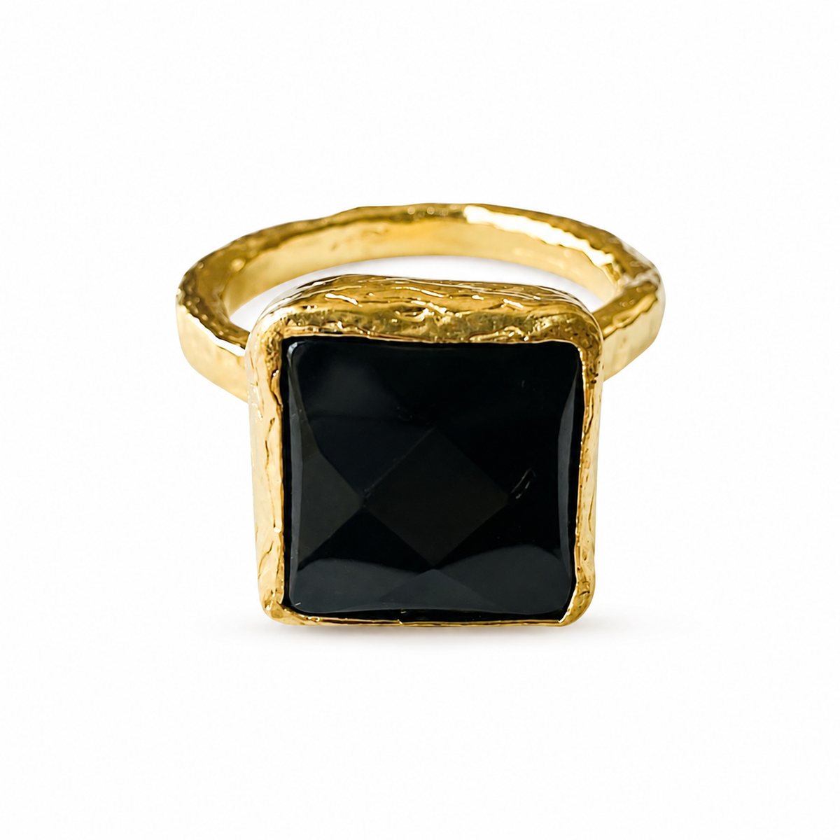 Siyah Onyx Ring with faceted black onyx and textured gold tone band