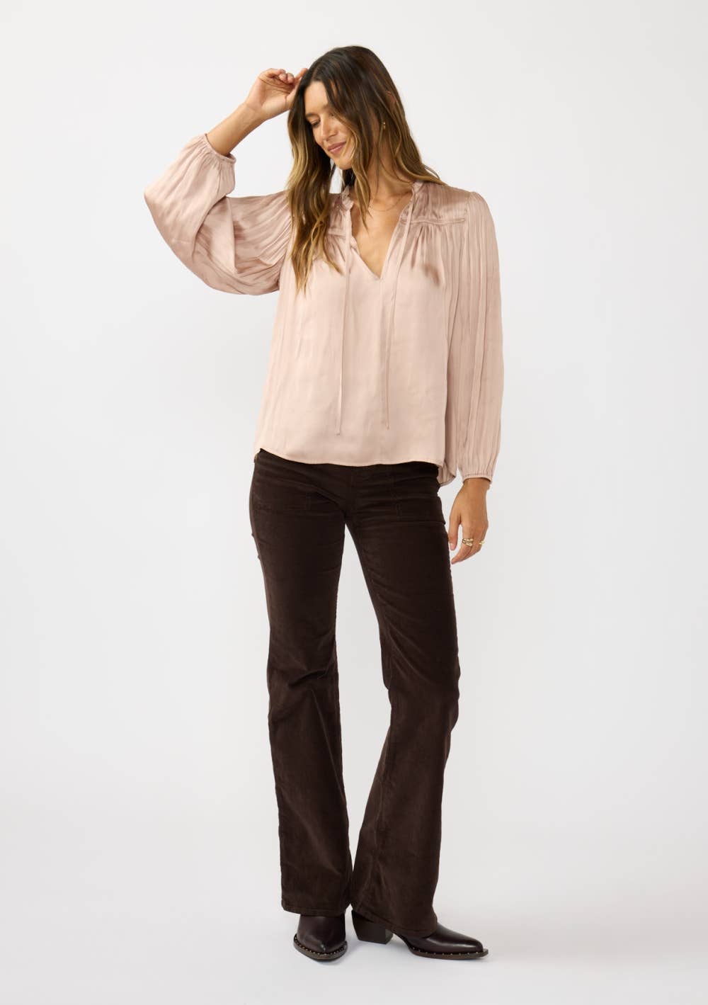 Split Neck Pleated Satin Blouse