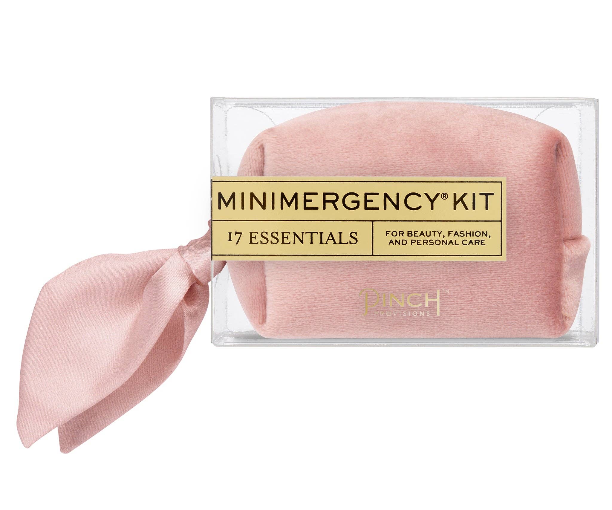 Velvet Scarf Minimergency Kit in soft pink with 17 essential beauty, fashion, and personal care items in a compact pouch
