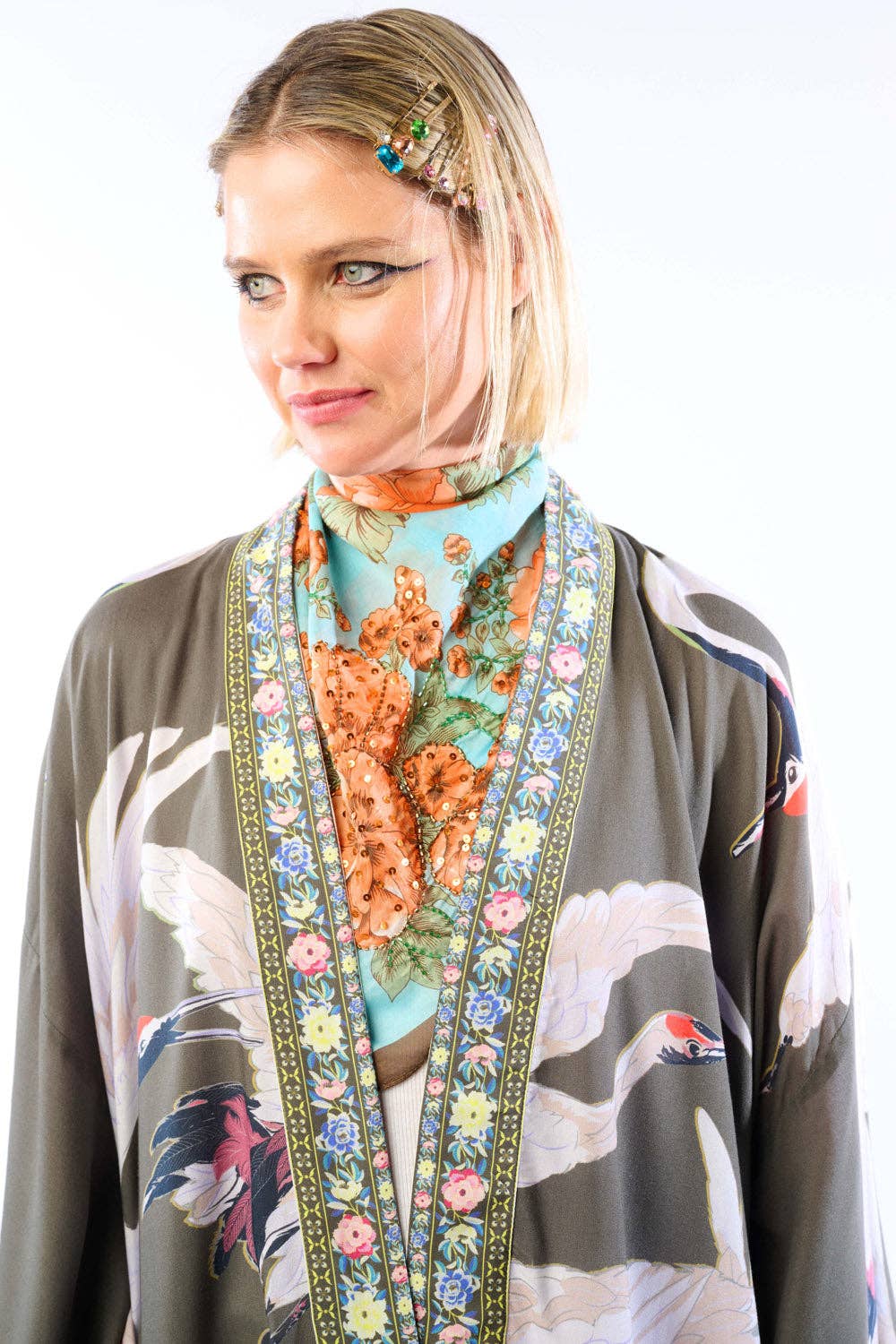 Story of the Crane Kimono - Charcoal | Bohemian Coverup Robe