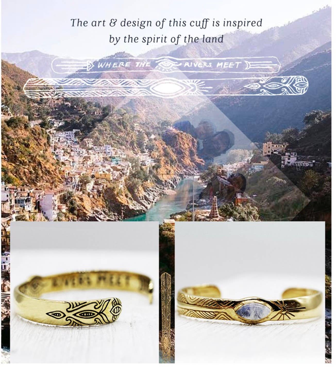 Gold-toned Three Rivers Cuff with intricate artisan engravings inspired by nature and land’s spirit, featuring a central stone detail.