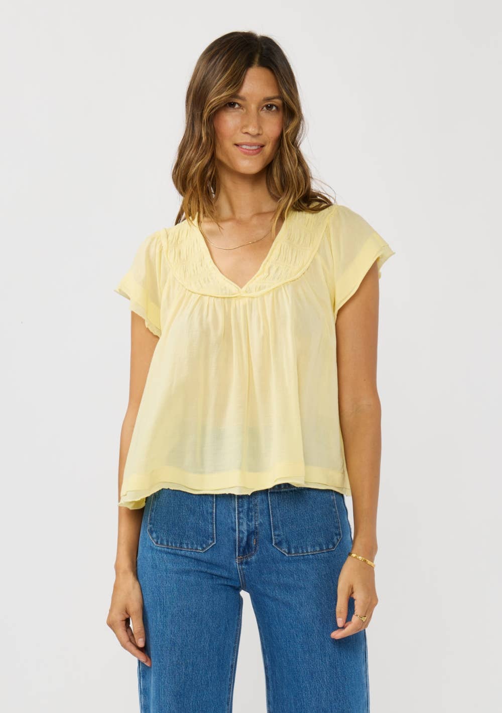 V-Neck Flutter Sleeve Smocked Yoke Top