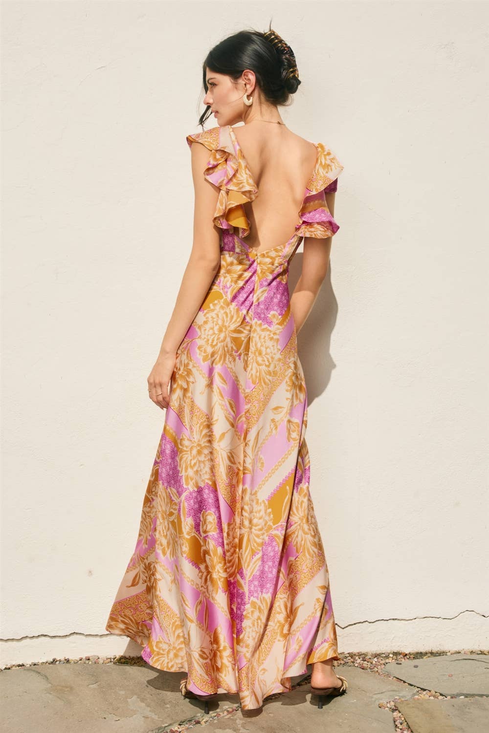 Floral Scarf Flutter Open Back Maxi Dress