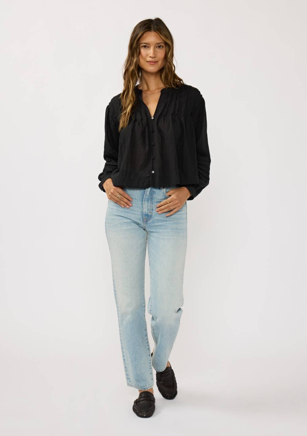 Pintuck Pleated Button-Down Blouse: White / S