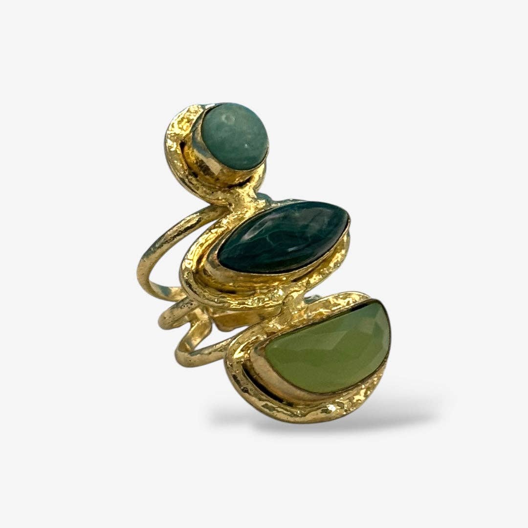 Elegant Cocktail Rings featuring green stones set in textured gold-tone metal for a captivating statement piece