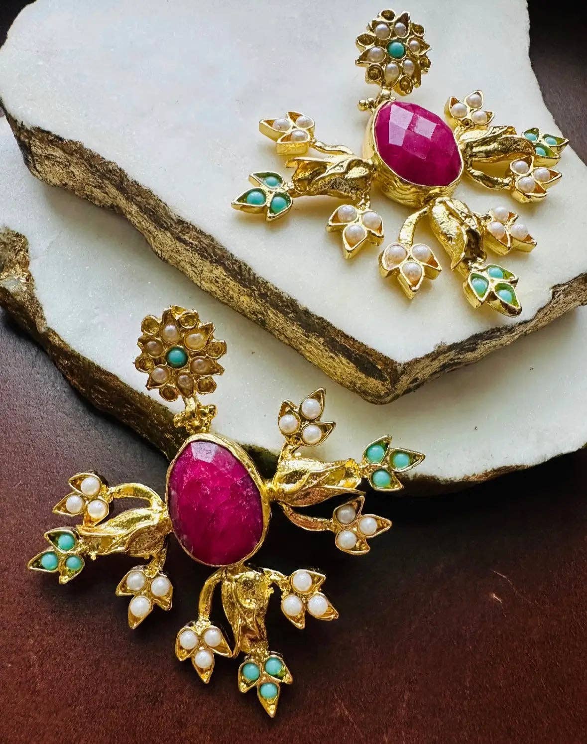 Sevil Ruby Pearl and Turquoise Motif Earrings with gold tone floral details