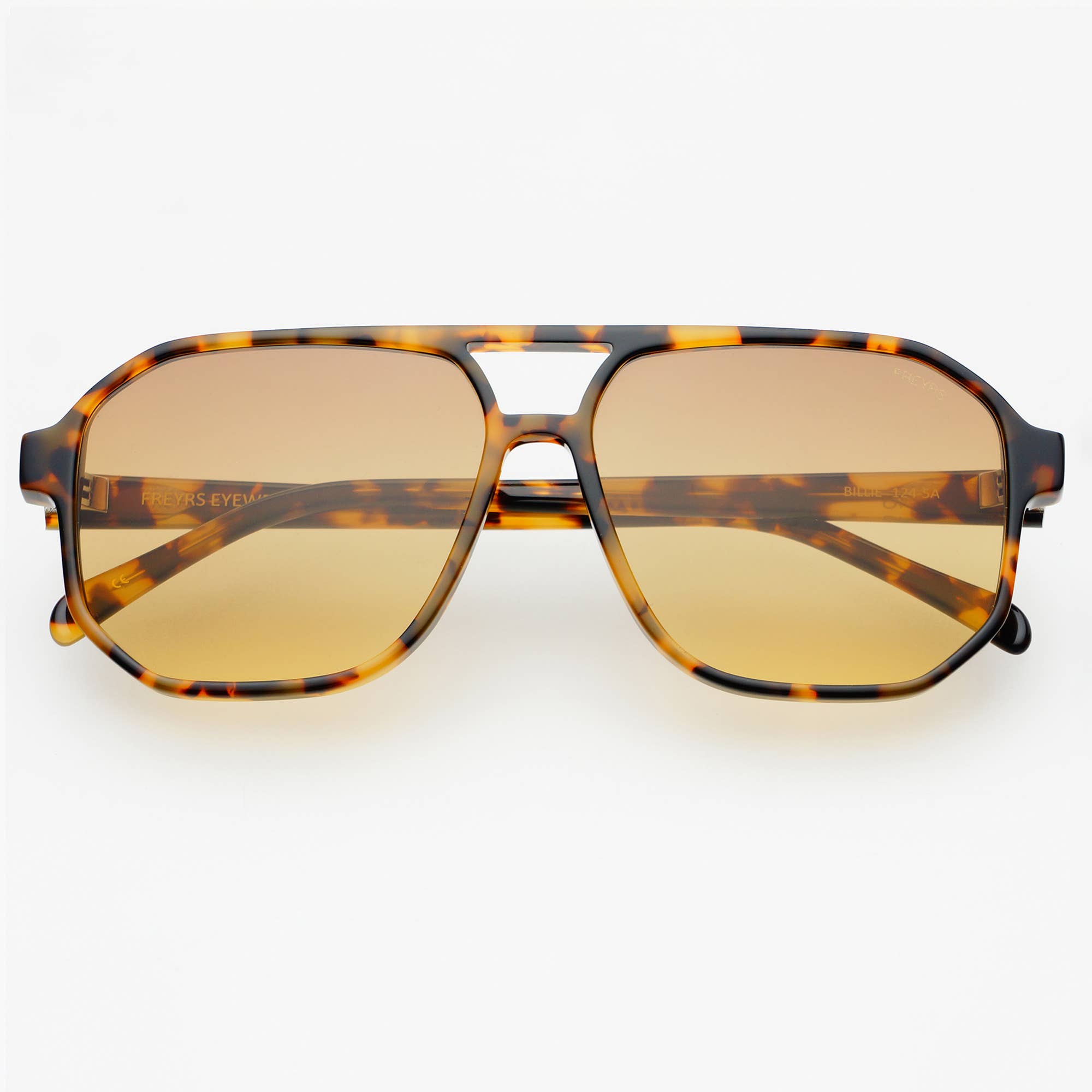 The FREYRS Eyewear Billie Mens Aviator Sunglasses feature a tortoiseshell frame in biodegradable acetate and amber gradient premium nylon lenses, displayed front-facing against a white background.