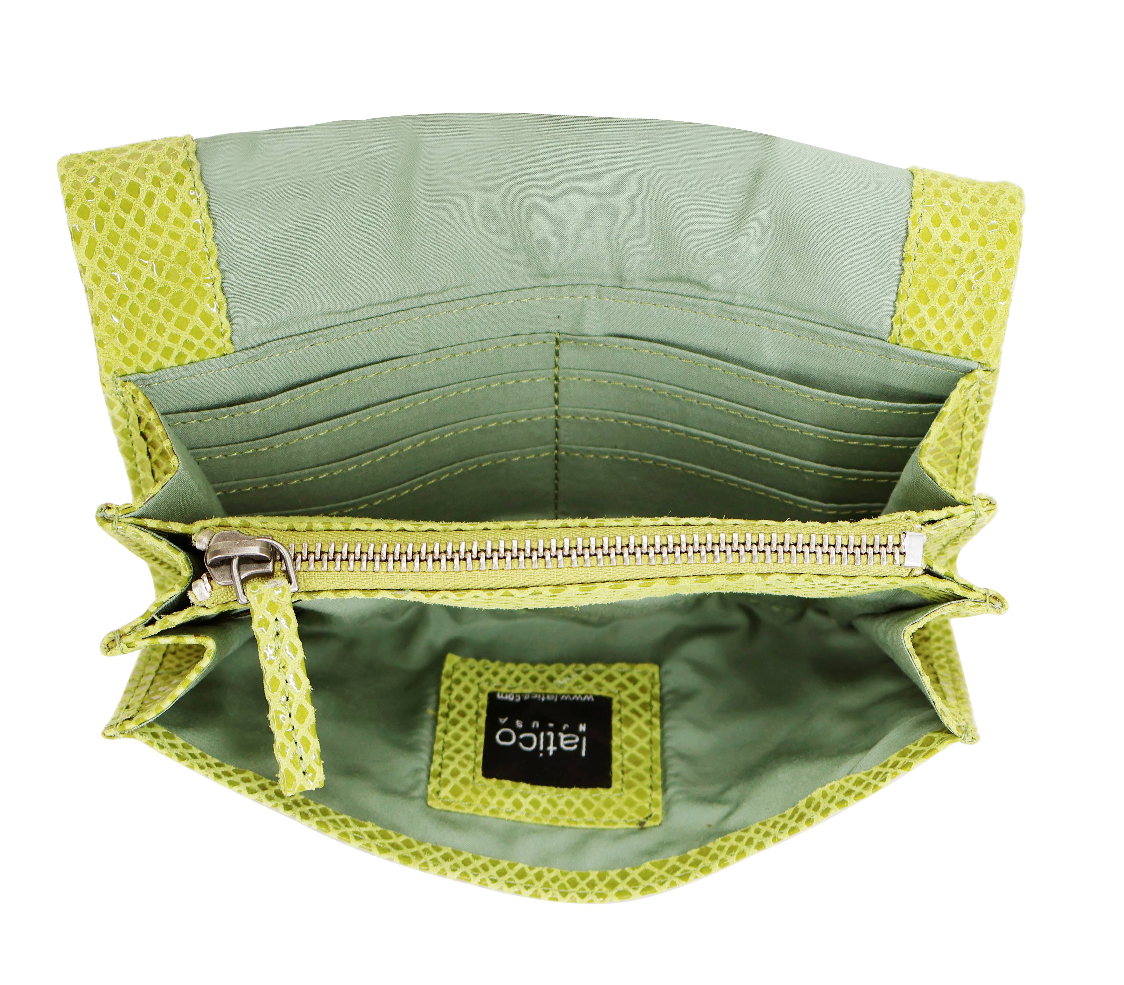Gio Handcrafted Leather Wallet open to show multiple card slots and a central zippered compartment in green leather
