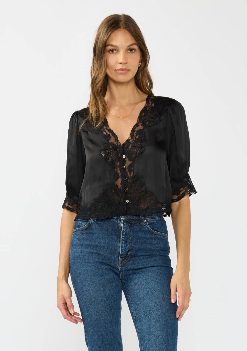 V-Neck Button Front Blouse with Lace Trim