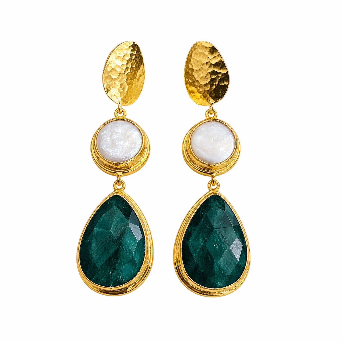 Kara Emerald and Pearl Earrings with gold accents white pearls and green teardrop gemstones