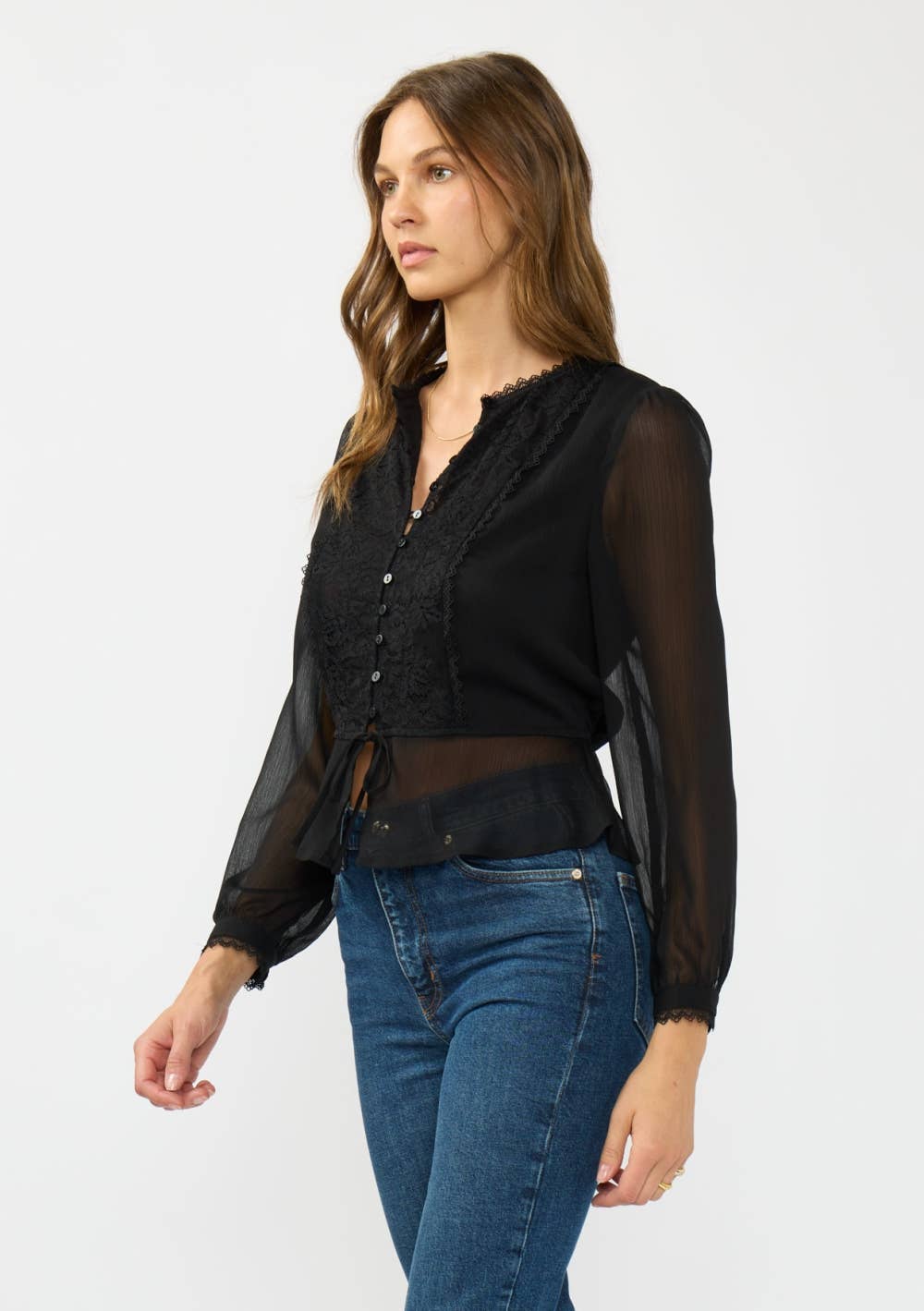 Long Sleeve Button Down Drawcord Blouse with Lace Accent