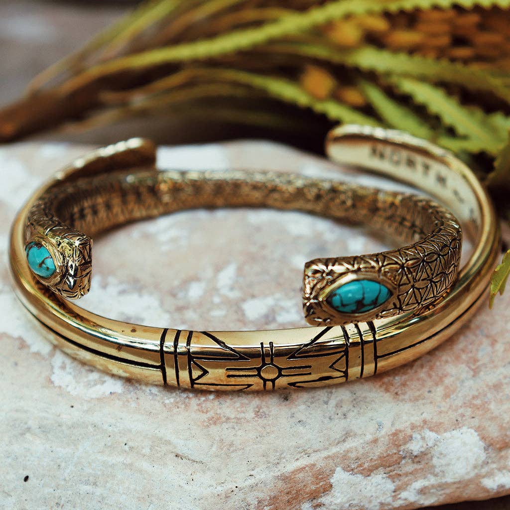 Medicine Wheel Cuff || Men with intricate turquoise accents and engraved artisan brass design, perfect statement piece.