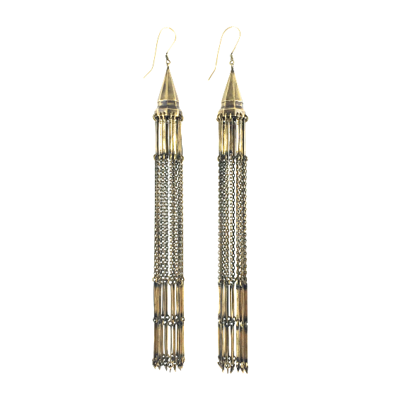 The Chandelier Earrings by Jan Hilmer + Sparrow feature pointed cone tops and cascading chain fringe, handcrafted in brass with gold-toned finish and sterling silver hooks for added elegance.