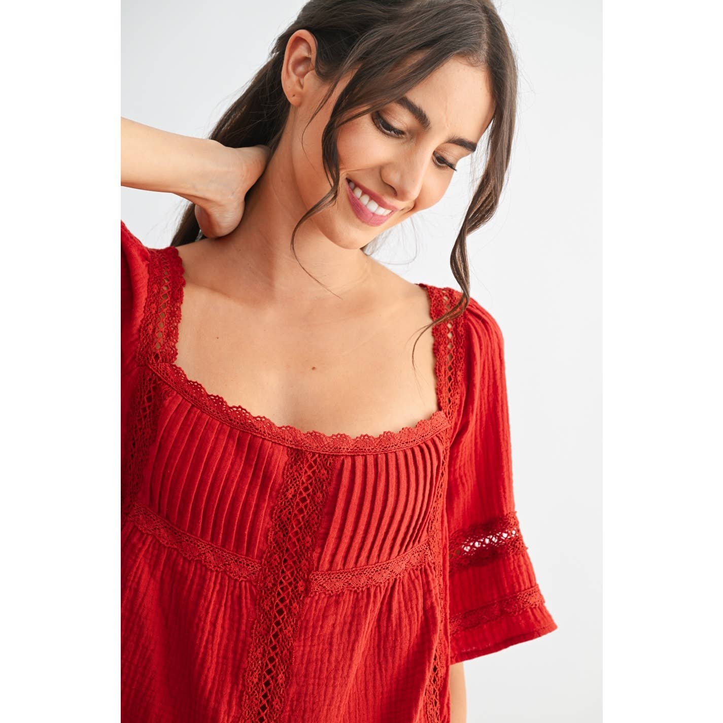 SCARLET LACE-TRIMMED RED BLOUSE