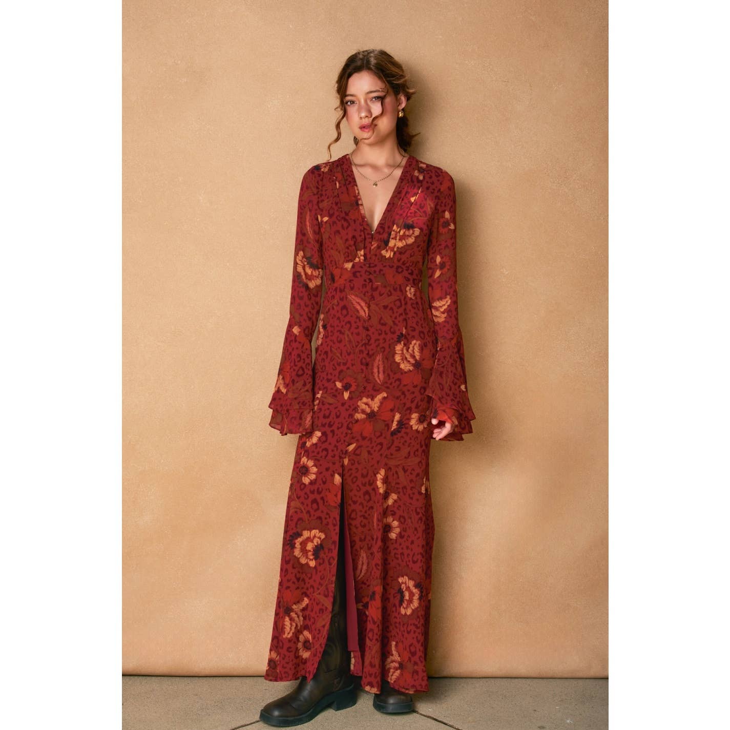 Harvest Mirage Ruffled Bell Sleeve Maxi Dress