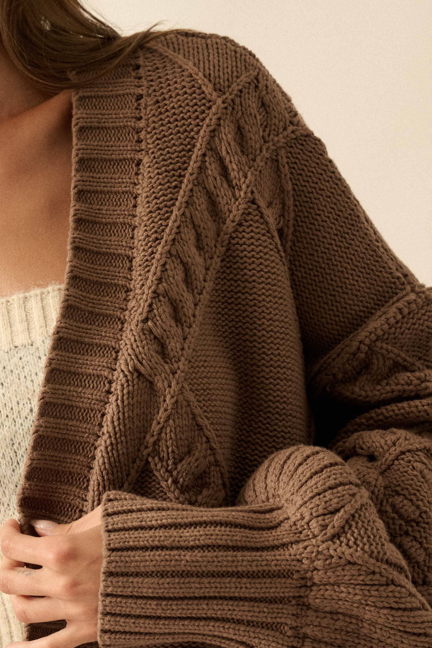 Cable-Knit Oversize Balloon-Sleeve Cardigan