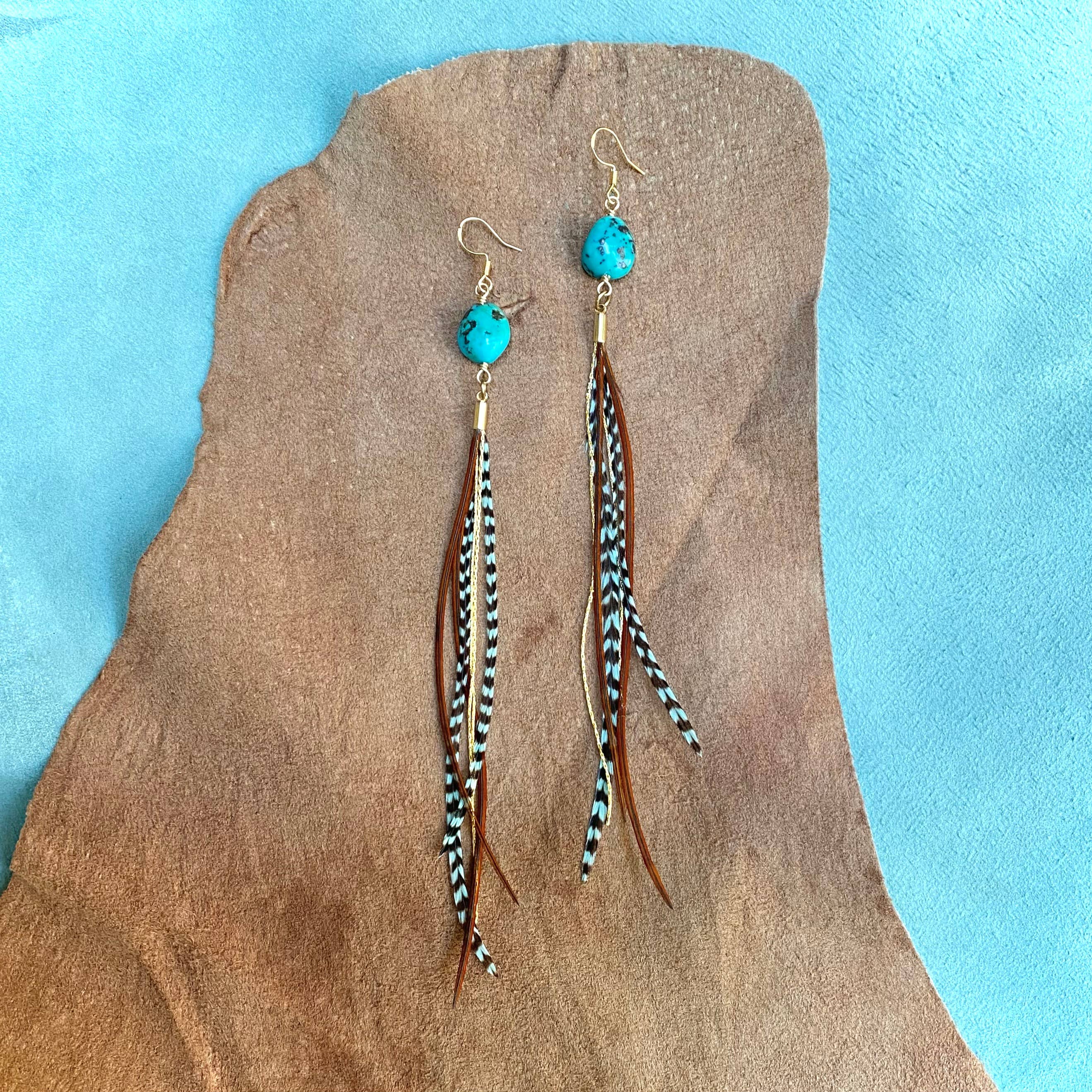 ASTALIs Turquoise & Mini Feather Earrings feature vibrant stones atop teal grizzly and fawn/gold feathers, elegantly displayed on tan leather against a blue backdrop.