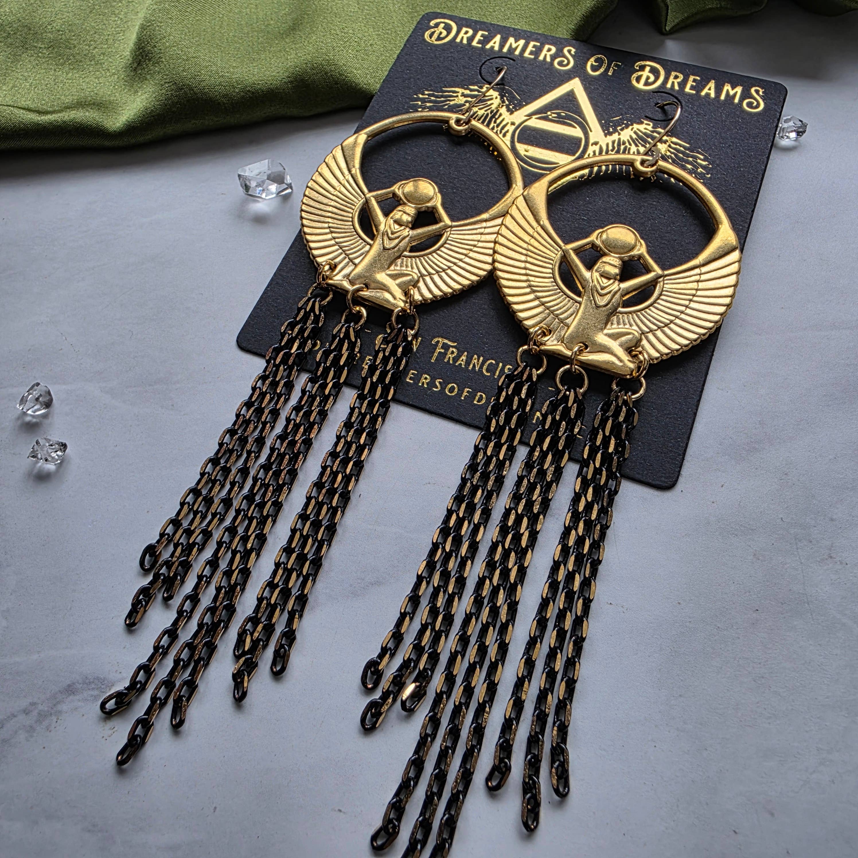 Brass Winged Egyptian Goddess Isis Long Chain Earrings