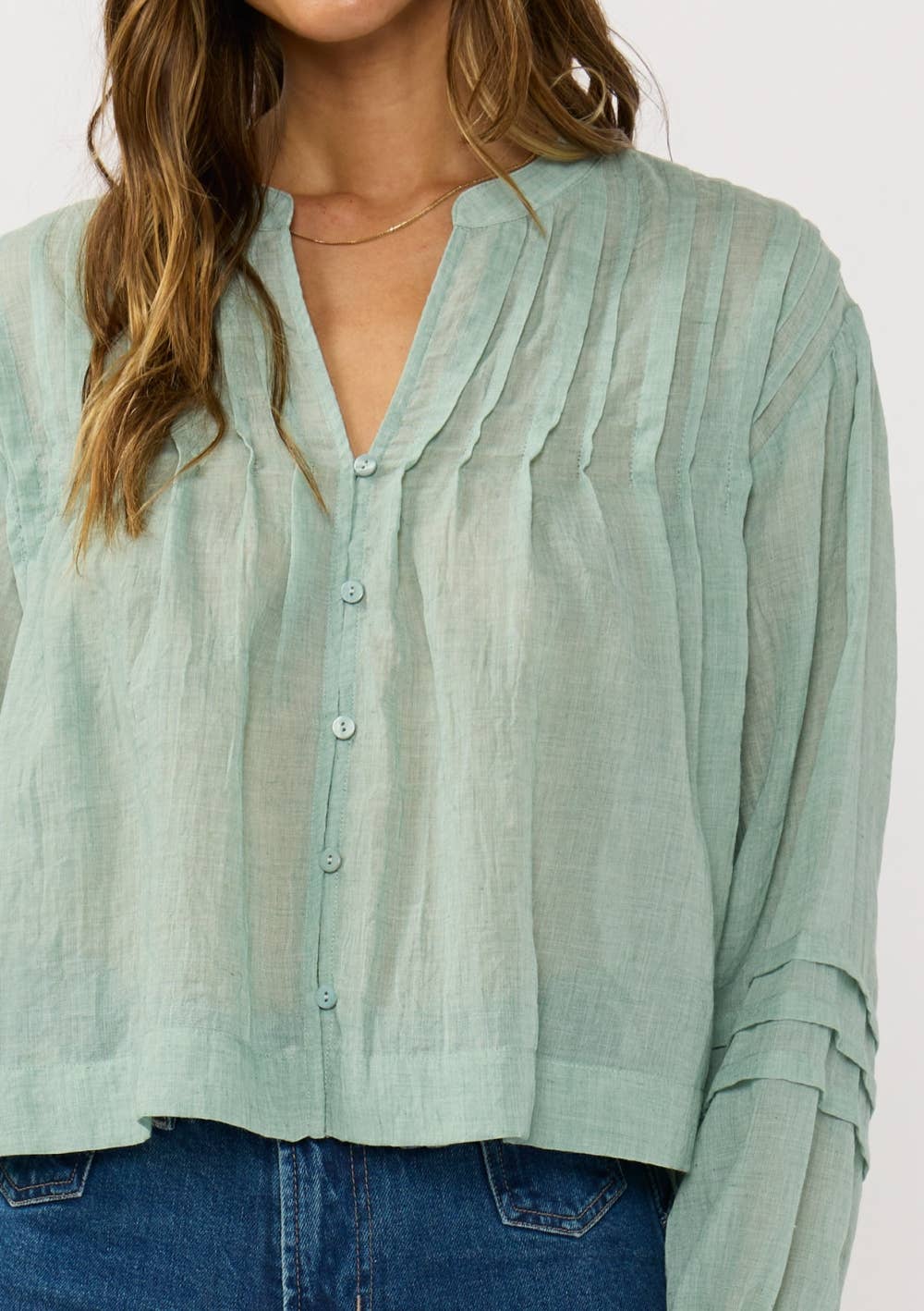 Pintuck Pleated Button-Down Blouse: White / S