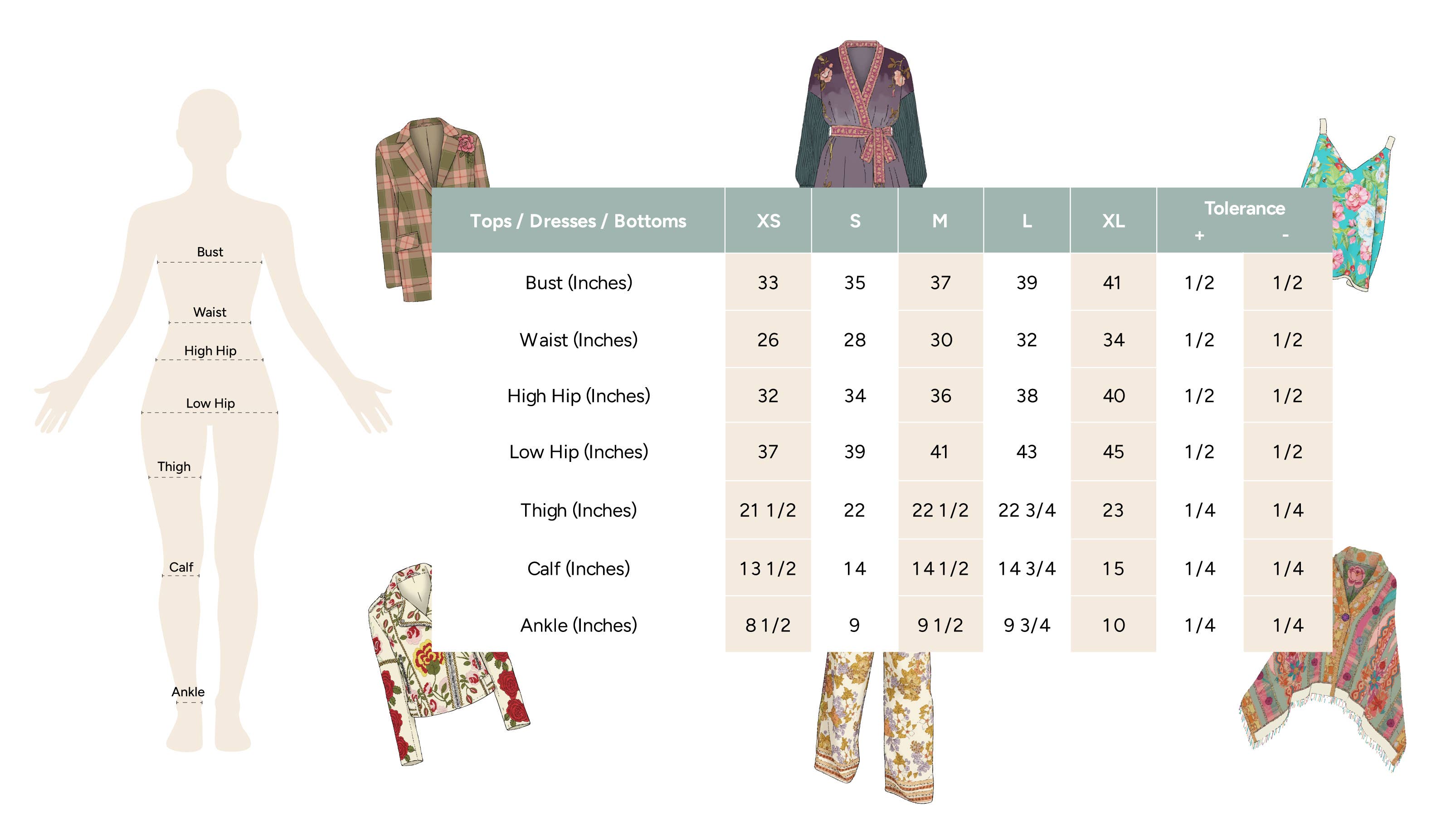 The Aratta Sweet Fantasy Kimono women's size chart displays a body outline with labeled measurement points, images of the kimono, and a table showing XS–XL sizes for bust, waist, hip, thigh, calf, and ankle in inches.