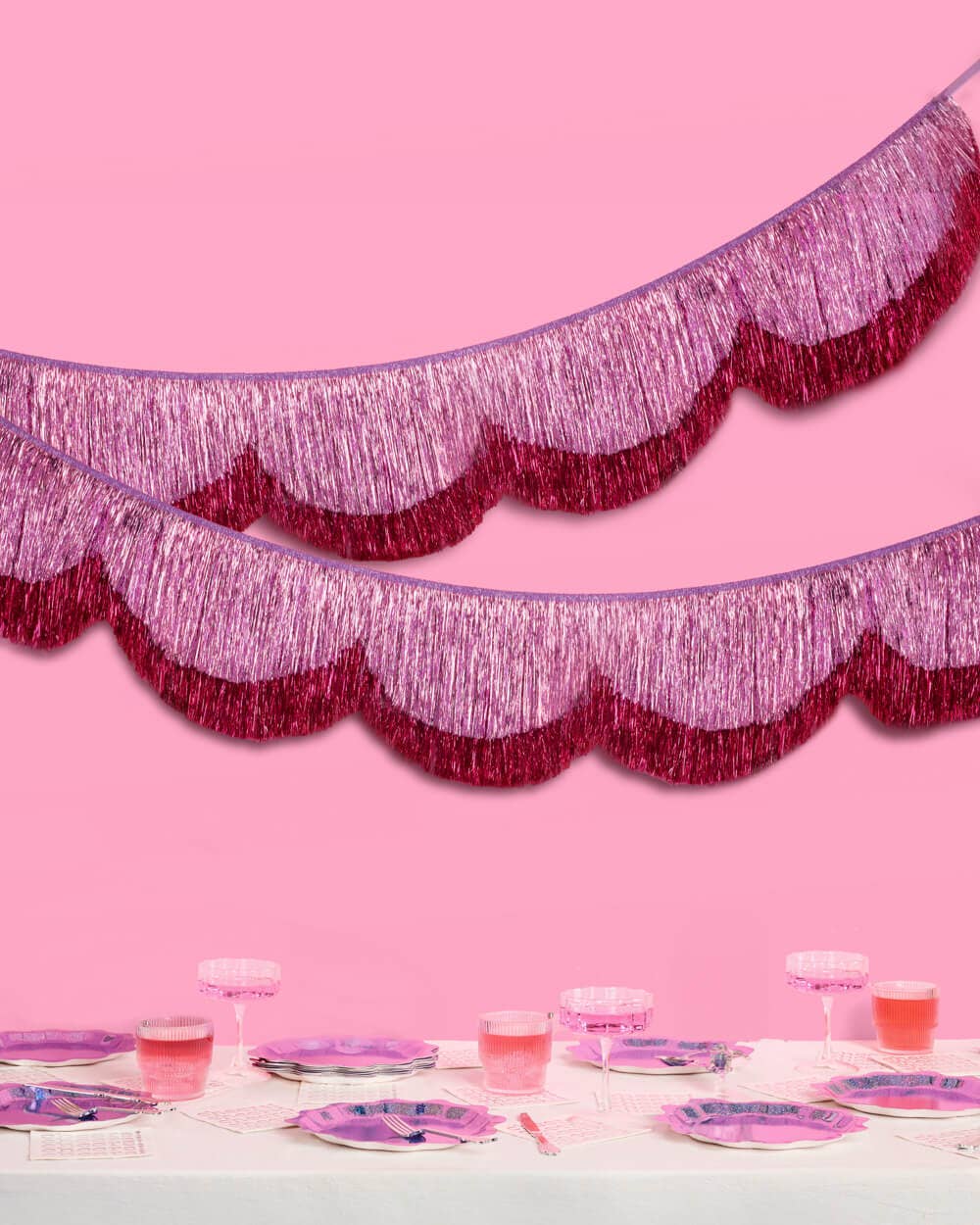 Pink Scalloped Shimmer Fringe Tinsel Banner, 5 feet