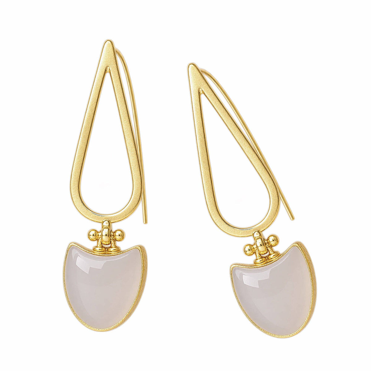 Melek Earrings with gold toned teardrop hoops and polished pale stone pendants