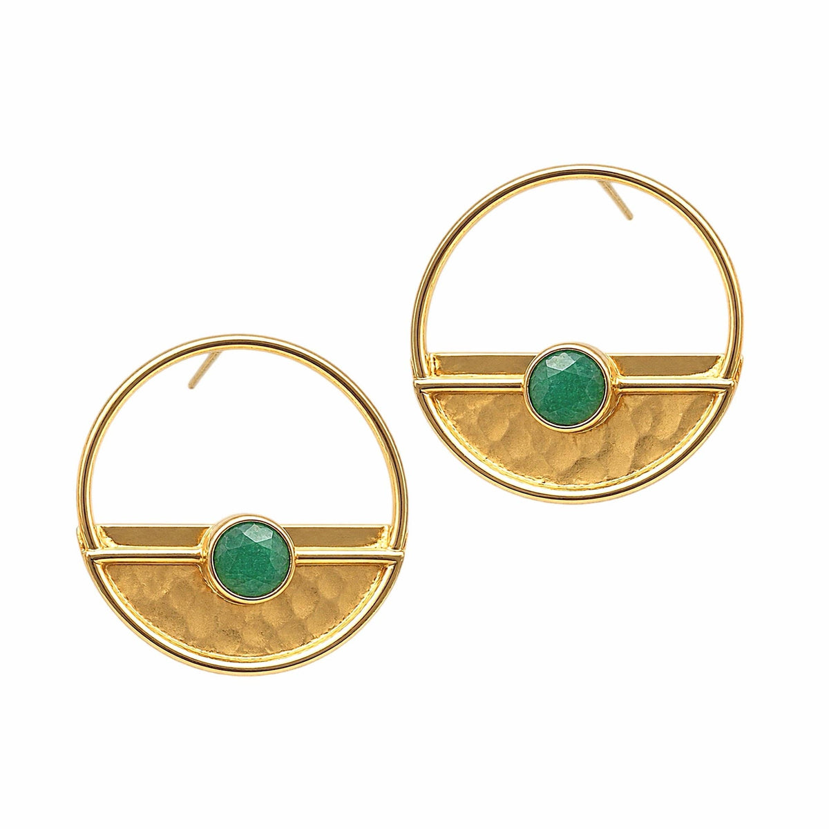 Yarim Ay Green Jade Stud Earrings featuring green jade stones and hammered gold tone half moon designs