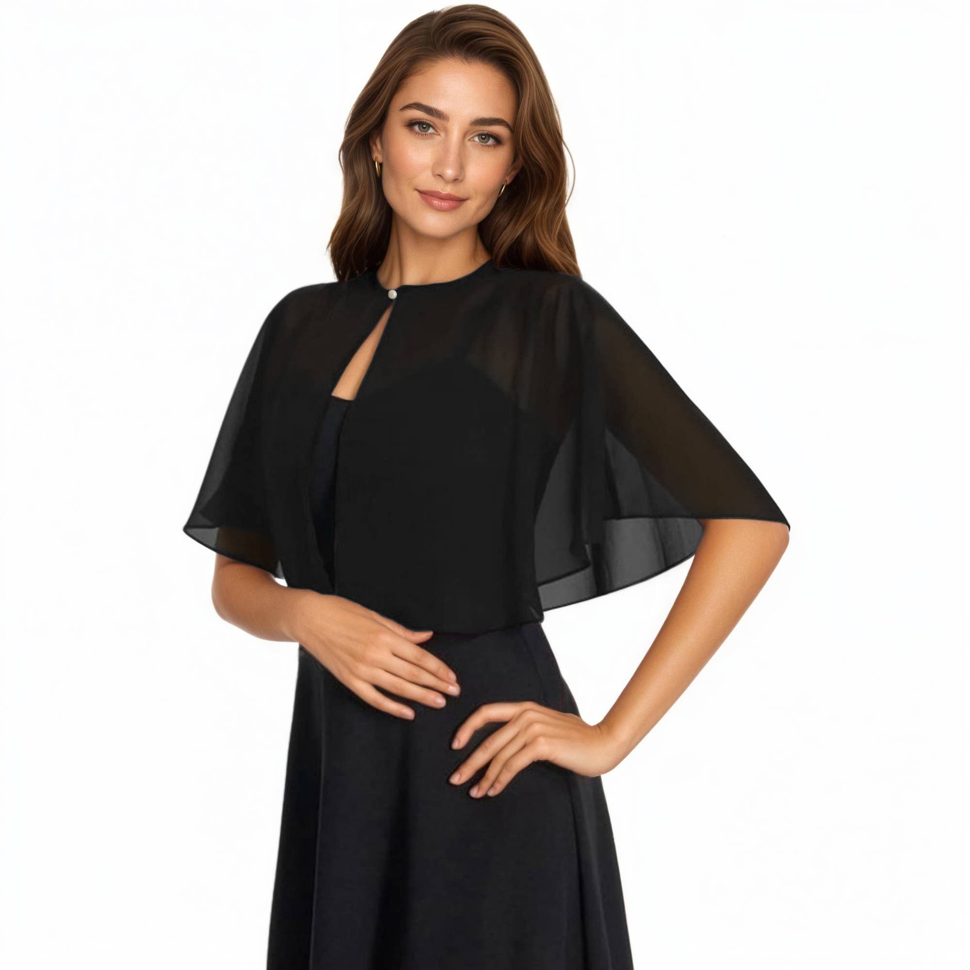 Sheer Flutter Sleeve Capelet Topper with Flowing Layered Sil