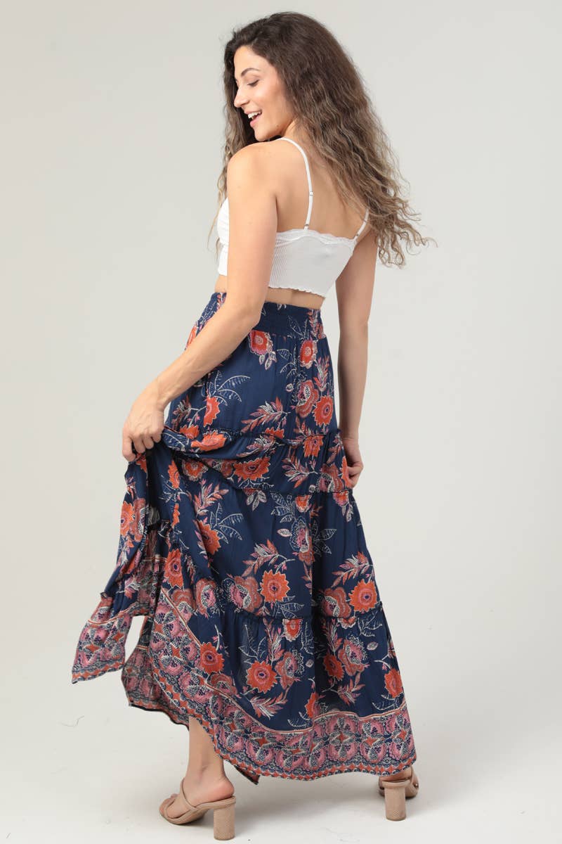 B6A82-A905 FLORAL PRINT DOUBLE SLIT MAXI SKIRT